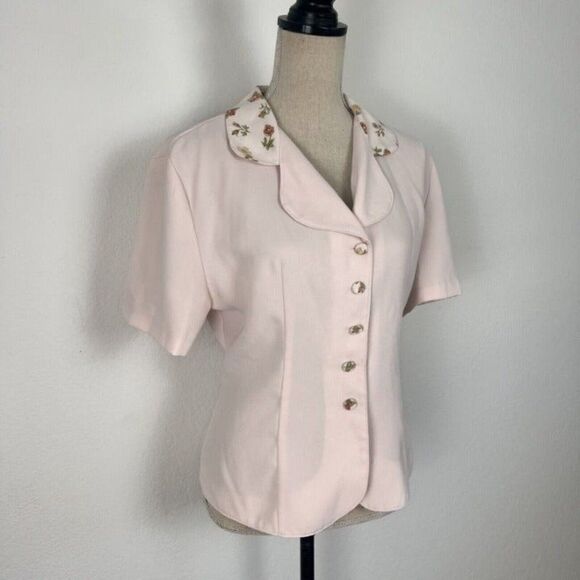 Vintage Anna 80s Light Pink Floral Collar Short Sleeve Blouse Women’s Medium - Picture 8 of 12